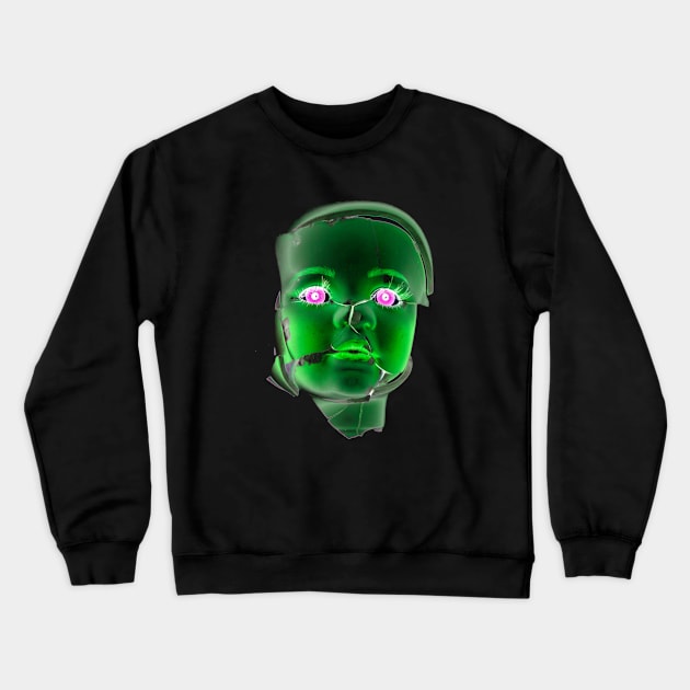 Freaky Halloween Broken Doll Zombie Face Green Crewneck Sweatshirt by Squeeb Creative